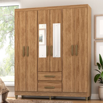 Guarda-Roupa Solteiro Celesti 6 Portas 2 Gavetas com Espelho Mel - Pnr Móveis