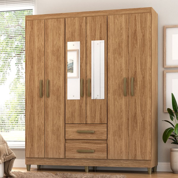 Guarda-Roupa Solteiro Celesti 6 Portas 2 Gavetas com Espelho Mel - Pnr Móveis