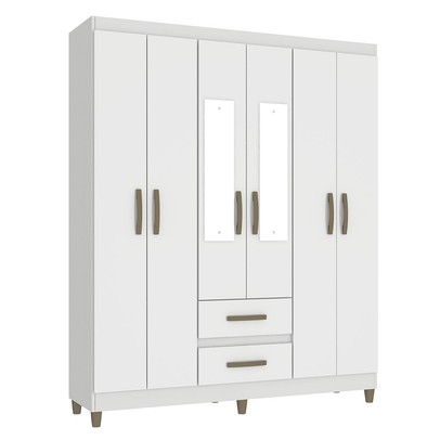 Guarda-Roupa Solteiro Celesti 6 Portas 2 Gavetas com Espelho Branco - Pnr Móveis