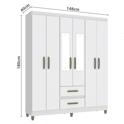 Guarda-Roupa Solteiro Celesti 6 Portas 2 Gavetas com Espelho Branco - Pnr Móveis