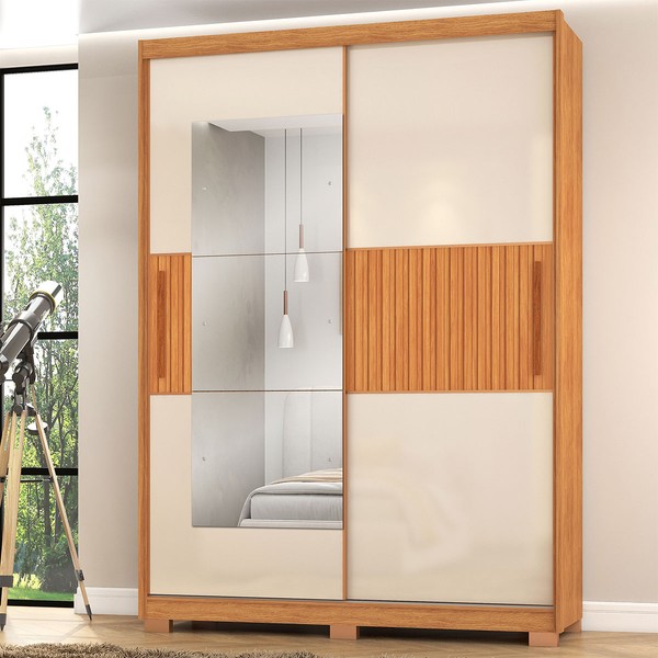 Guarda-Roupa Solteiro Missouri 2 Portas 3 Gavetas com Espelho Ripado 3d Flex Cinamomo/Off White - Pnr Móveis