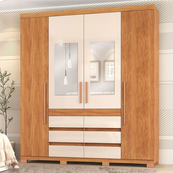 Guarda-Roupa Casal Capelli 4 Portas 6 Gavetas com Espelho Cinamomo/Off White - Pnr Móveis