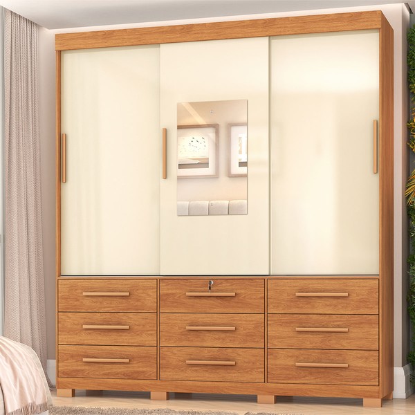 Guarda-Roupa Casal Paiva 3 Portas 9 Gavetas com Espelho Cinamomo/Off White - Pnr Móveis