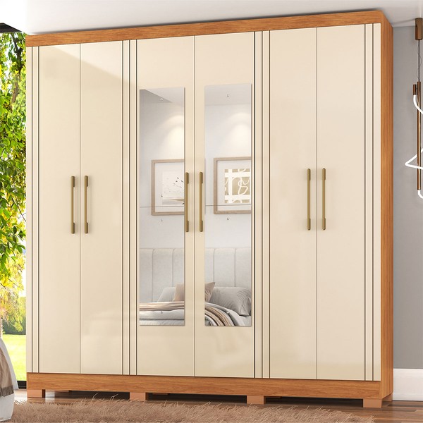Guarda-Roupa Casal Galli 6 Portas 4 Gavetas com Espelho Cinamomo/Off White - Pnr Móveis