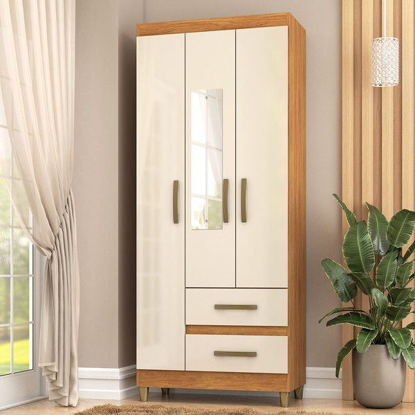 Guarda-Roupa Solteiro Rinaldi 3 Portas 2 Gavetas com Espelho Cinamomo/Off White - Pnr Móveis