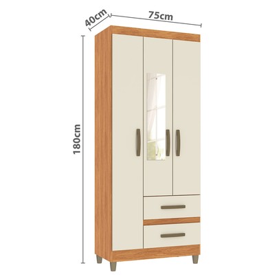 Guarda-Roupa Solteiro Rinaldi 3 Portas 2 Gavetas com Espelho Cinamomo/Off White - Pnr Móveis