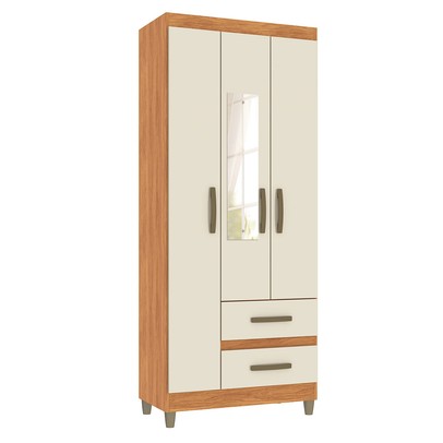 Guarda-Roupa Solteiro Rinaldi 3 Portas 2 Gavetas com Espelho Cinamomo/Off White - Pnr Móveis