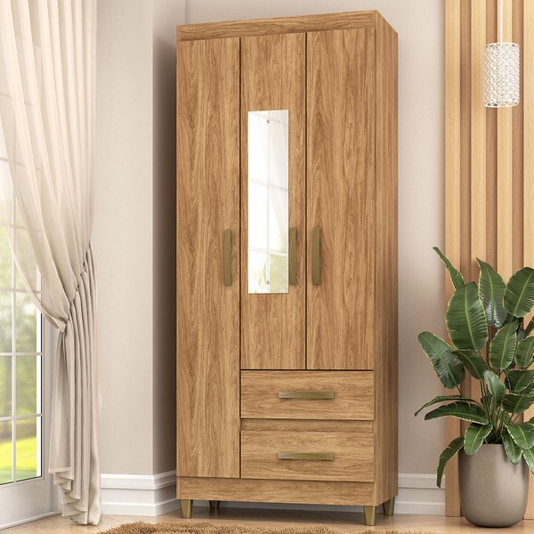 Guarda-Roupa Solteiro Rinaldi 3 Portas 2 Gavetas com Espelho Mel - Pnr Móveis