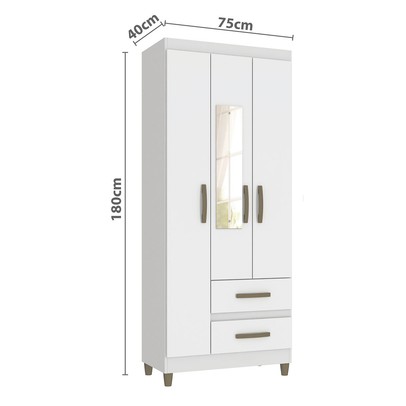 Guarda-Roupa Solteiro Rinaldi 3 Portas 2 Gavetas com Espelho Branco - Pnr Móveis