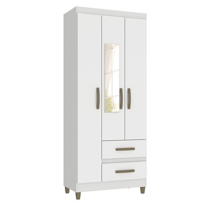 Guarda-Roupa Solteiro Rinaldi 3 Portas 2 Gavetas com Espelho Branco - Pnr Móveis