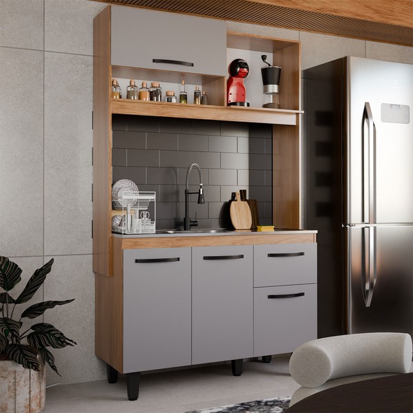 Armário de Cozinha com Balcão Compacta Tina 4 Portas 1 Gaveta Freijó/Cinza - Panorama Móveis