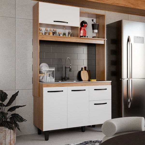 Armário de Cozinha com Balcão Compacta Tina 4 Portas 1 Gaveta Freijó/Branco - Panorama Móveis