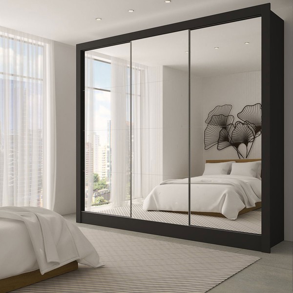 Guarda-Roupa Casal Giulia Slim 3 Portas 3 Gavetas com Espelho Preto - Panorama Móveis