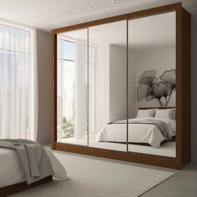 Guarda-Roupa Casal Giulia Slim 3 Portas 3 Gavetas com Espelho Cinamomo - Panorama Móveis