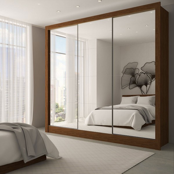 Guarda-Roupa Casal Giulia Slim 3 Portas 3 Gavetas com Espelho Cinamomo - Panorama Móveis