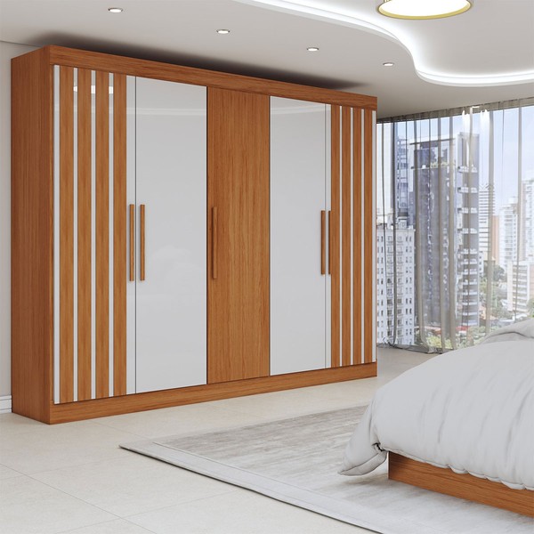 Guarda Roupa Casal Prince 5 Portas 2 Gavetas Freijo/Off White - Panorama Móveis