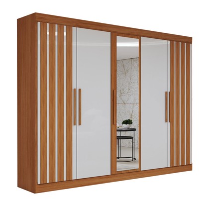 Guarda-Roupa Casal Prince 5 Portas 2 Gavetas com Espelho Freijó/Off White - Panorama Móveis