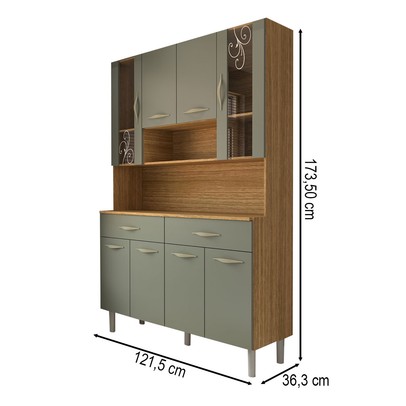 Armário de Cozinha Kit 8 Portas 2 Gavetas com Vidro Freijó/Gris - Panorama Móveis