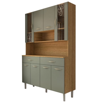 Armário de Cozinha Kit 8 Portas 2 Gavetas com Vidro Freijó/Gris - Panorama Móveis