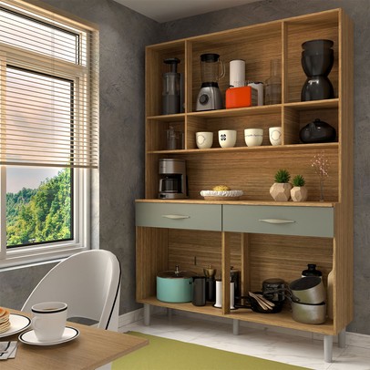 Armário de Cozinha Kit 8 Portas 2 Gavetas com Vidro Freijó/Gris - Panorama Móveis