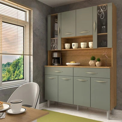 Armário de Cozinha Kit 8 Portas 2 Gavetas com Vidro Freijó/Gris - Panorama Móveis