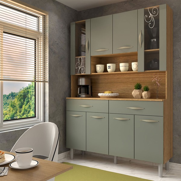 Armário de Cozinha Kit 8 Portas 2 Gavetas com Vidro Freijó/Gris - Panorama Móveis