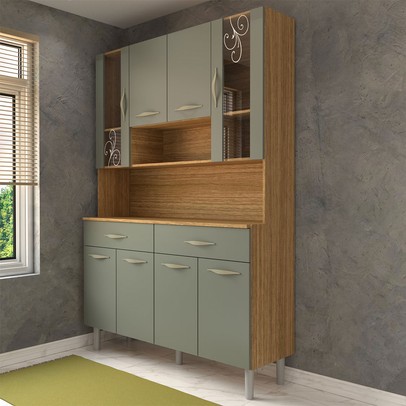 Armário de Cozinha Kit 8 Portas 2 Gavetas com Vidro Freijó/Gris - Panorama Móveis