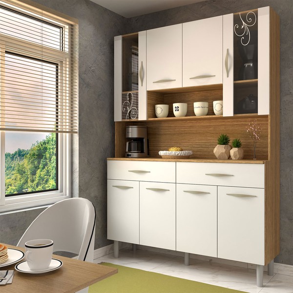 Armário de Cozinha Kit 8 Portas 2 Gavetas com Vidro Freijó/Supremo - Panorama Móveis