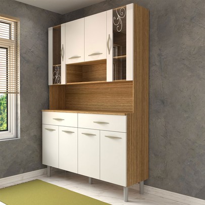 Armário de Cozinha Kit 8 Portas 2 Gavetas com Vidro Freijó/Supremo - Panorama Móveis