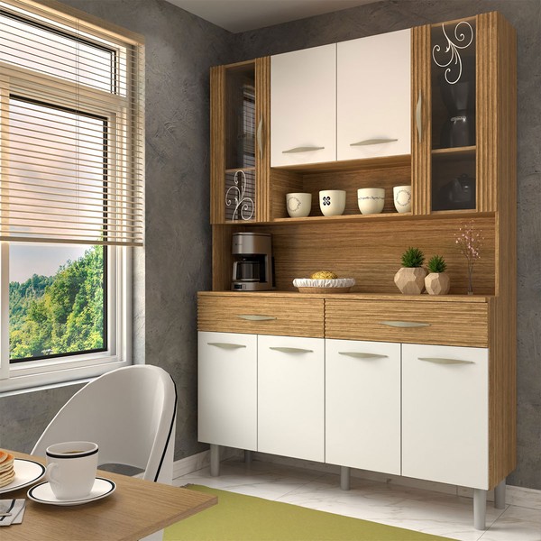 Armário de Cozinha Kit 8 Portas 2 Gavetas com Vidro Ripado 3d Freijó/Supremo - Panorama Móveis