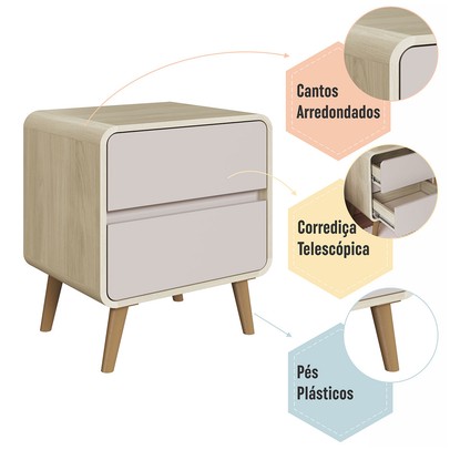 Mesa de Cabeceira Curve 2 Gavetas Carvalho Araguaia/Bege Dunas - Completa Móveis
