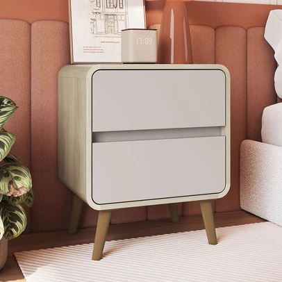 Mesa de Cabeceira Curve 2 Gavetas Carvalho Araguaia/Bege Dunas - Completa Móveis