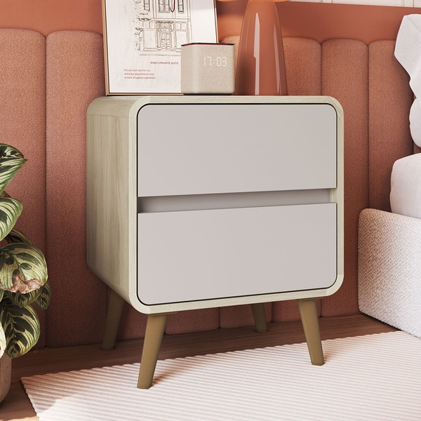 Mesa de Cabeceira Curve 2 Gavetas Carvalho Araguaia/Bege Dunas - Completa Móveis