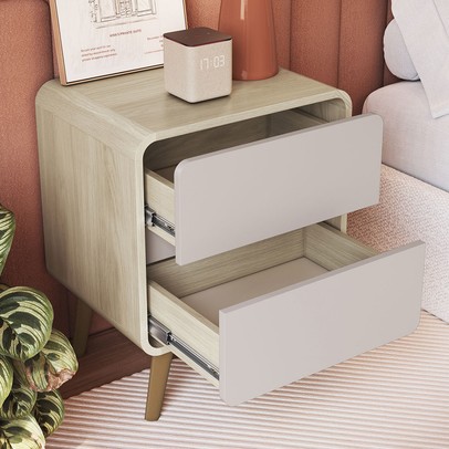 Mesa de Cabeceira Curve 2 Gavetas Carvalho Araguaia/Bege Dunas - Completa Móveis