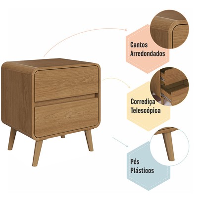 Mesa de Cabeceira Curve 2 Gavetas Carvalho Xingu - Completa Móveis