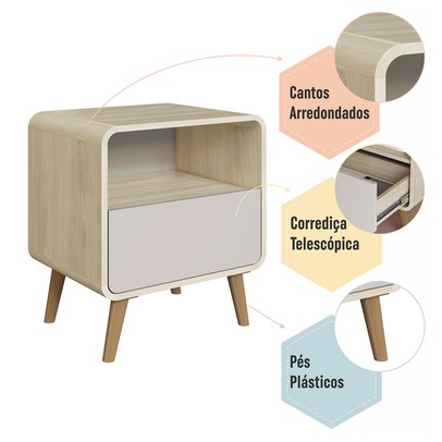 Mesa de Cabeceira Curve 1 Gaveta Carvalho Araguaia/Bege Dunas - Completa Industria