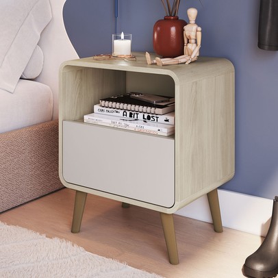 Mesa de Cabeceira Curve 1 Gaveta Carvalho Araguaia/Bege Dunas - Completa Industria