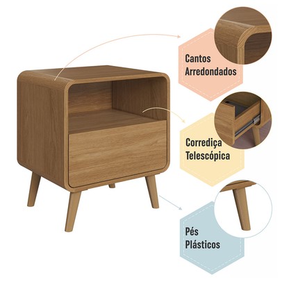 Mesa de Cabeceira Curve 1 Gaveta Carvalho Xingu - Completa Industria