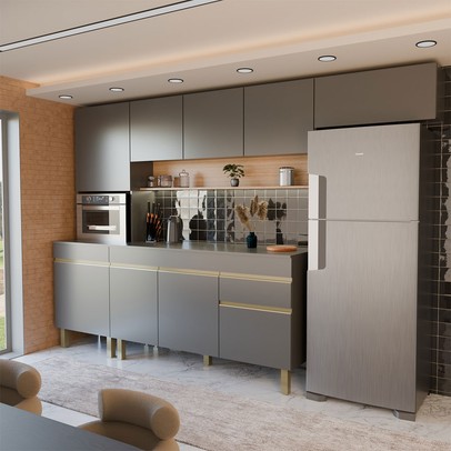 Cozinha Completa Silvia 9 Portas 1 Gaveta Gris/Freijó - Panorama Móveis
