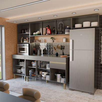 Cozinha Completa Silvia 9 Portas 1 Gaveta Gris/Freijó - Panorama Móveis