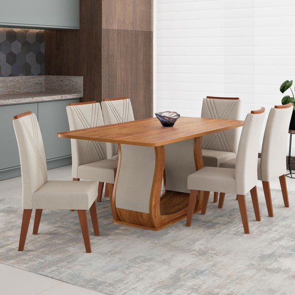 Mesa de Jantar 6 Lugares Opala Mel/Bege - Viero Móveis