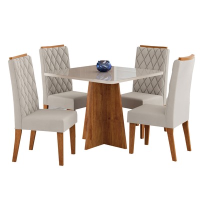Mesa de Jantar 4 Lugares Vang com Vidro Mel/Bege/Off White - Viero Móveis