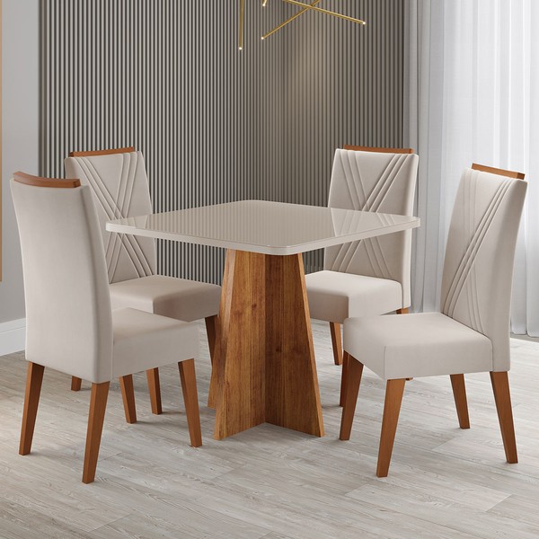 Mesa de Jantar 4 Lugares Street com Vidro Mel/Bege/Off White - Viero Móveis