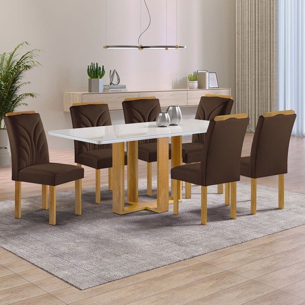 Mesa de Jantar 6 Lugares Isadora Carolina com Vidro Cinamomo/Off White/Marrom - Cel Móveis