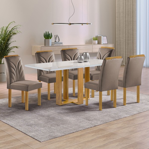 Mesa de Jantar 6 Lugares Isadora Carolina com Vidro Cinamomo/Off White/Bege Escuro - Cel Móveis