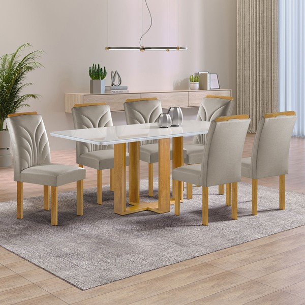 Mesa de Jantar 6 Lugares Isadora Carolina com Vidro Cinamomo/Off White/Bege Claro - Cel Móveis