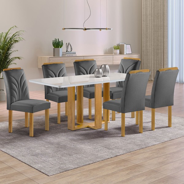 Mesa de Jantar 6 Lugares Isadora Carolina com Vidro Cinamomo/Off White/Cinza - Cel Móveis