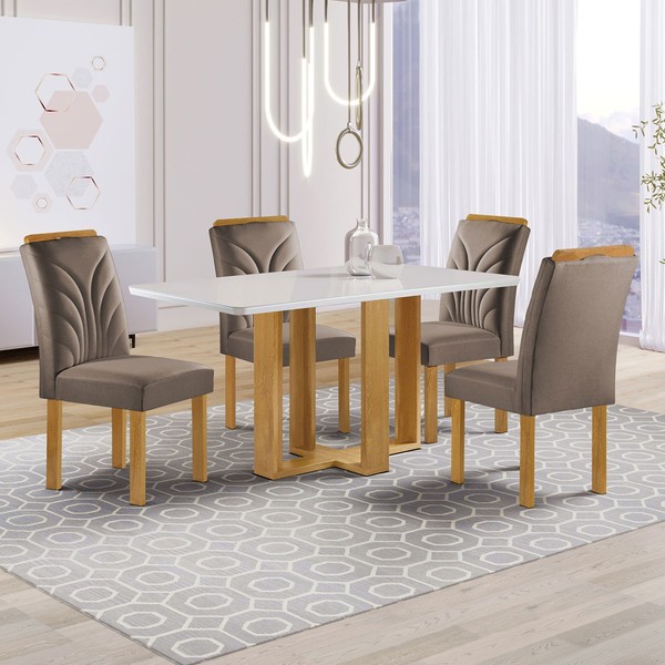 Mesa de Jantar 4 Lugares Isadora com Vidro Cinamomo/Off White/Bege Escuro - Cel Móveis