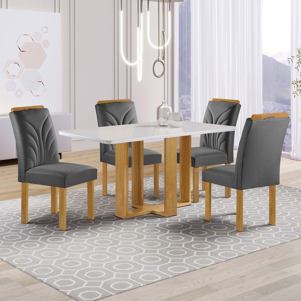 Mesa de Jantar 4 Lugares Isadora com Vidro Cinamomo/Off White/Cinza - Cel Móveis
