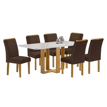 Mesa de Jantar 6 Lugares Isadora Luisa com Vidro Cinamomo/Off White/Veludo Marrom - Cel Móveis